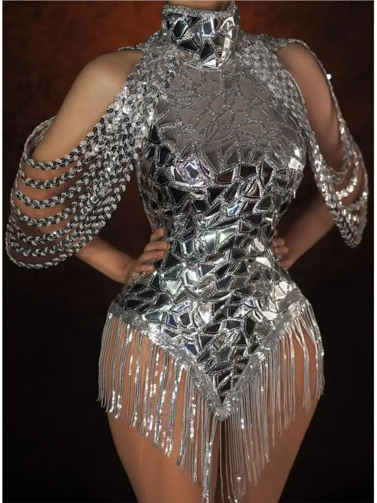 Rhinestone Banding Trim - Justaucorps à paillettes argentées scintillantes avec